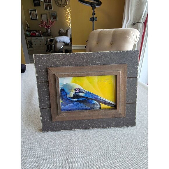 Rustic Brown Wood Picture Frame With Pelican Artwork 7" X 5" Coastal Decor - Picture 1 of 7